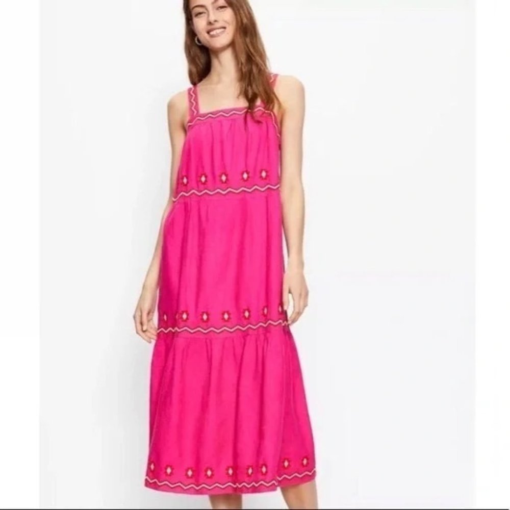 💕 LOFT Pink Embroidered Tiered Boho Midi Dress - Size M -  NWT